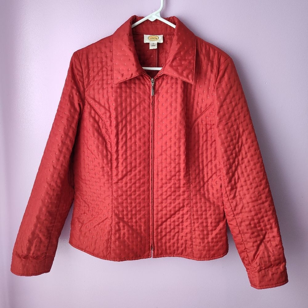 Talbots Jacket Womens 10 Red Quilted Polka Dot Lightweight Zip Up